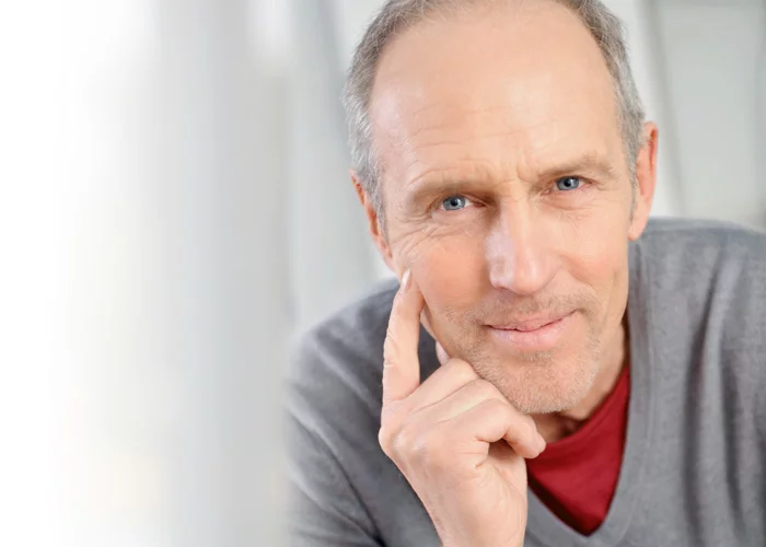 Mann schaut in Kamera